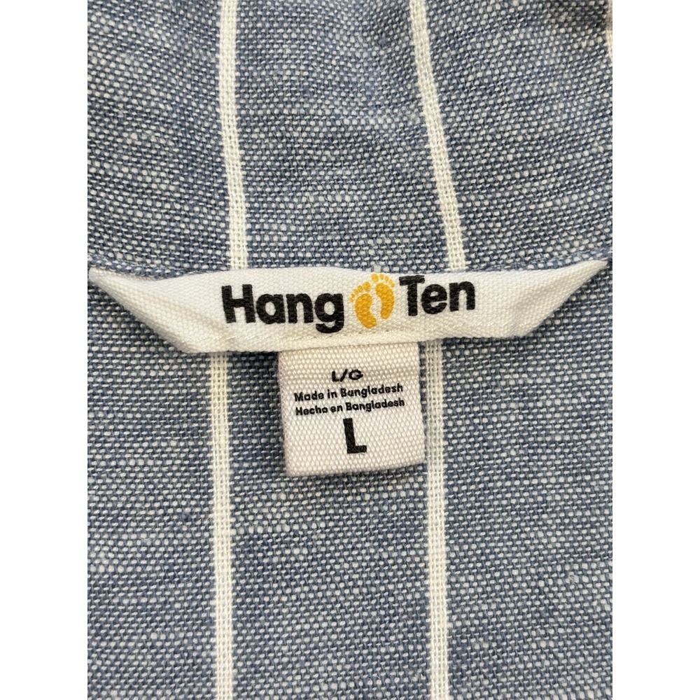 Hang Ten Button Front Shirt Womens Sz L Blue White Striped Coastal Linen Blend - Picture 2 of 9